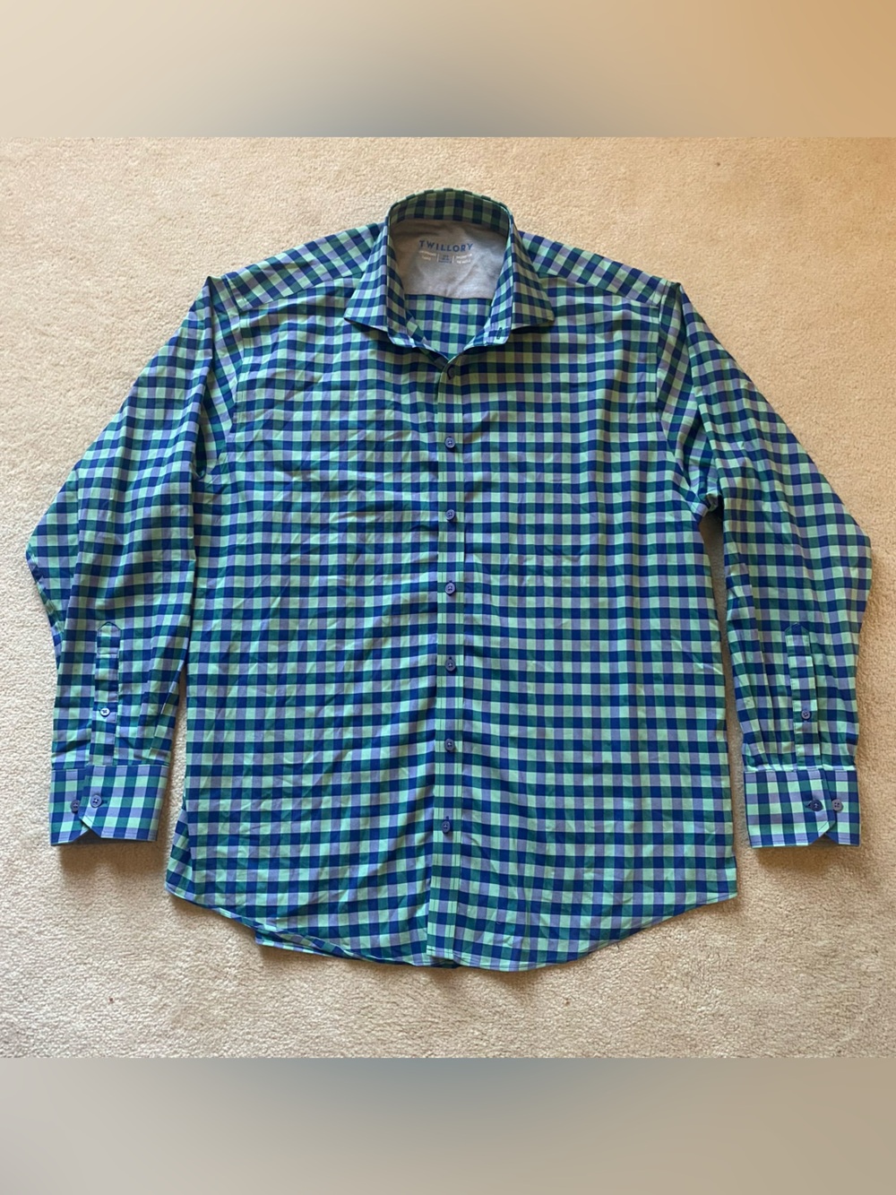 Twillory Mens Performance Fabric Dress Shirt Blue Green Tailored Fit 17.5 34-35